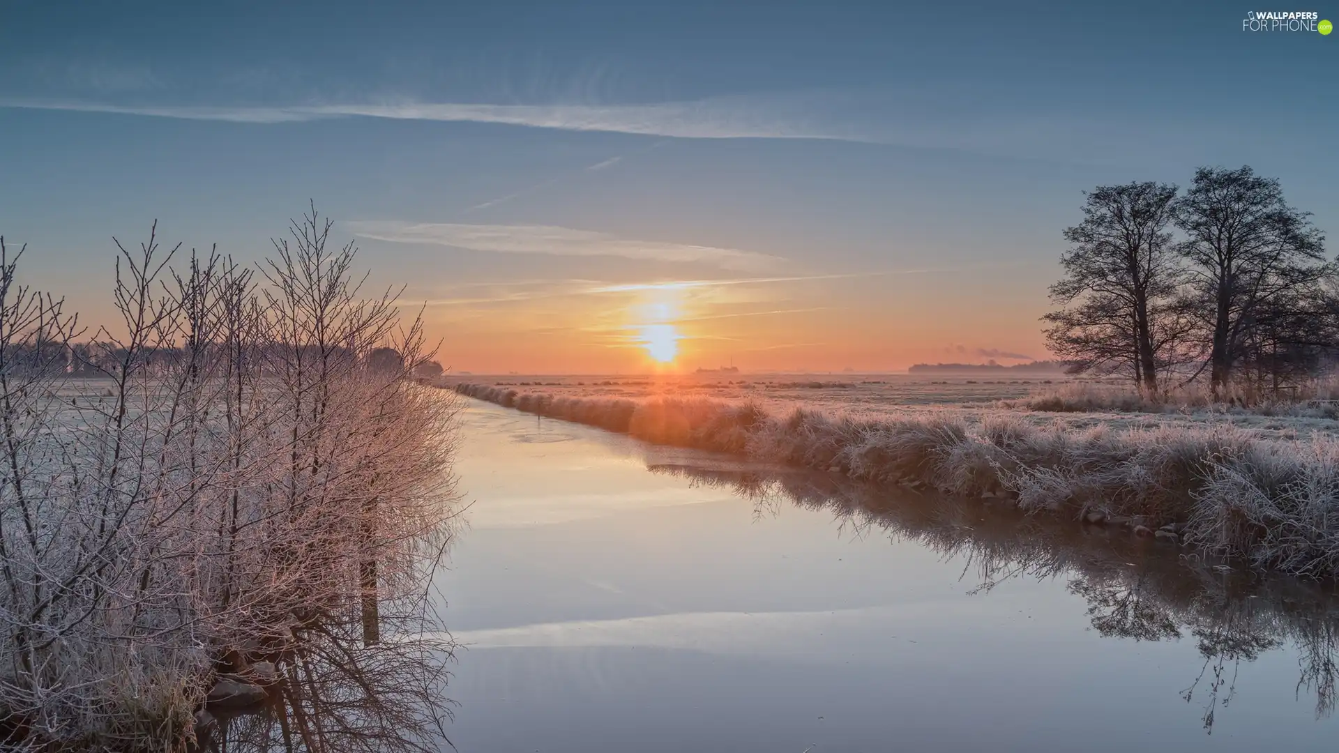 White frost, trees, Field, viewes, River, winter, Sunrise