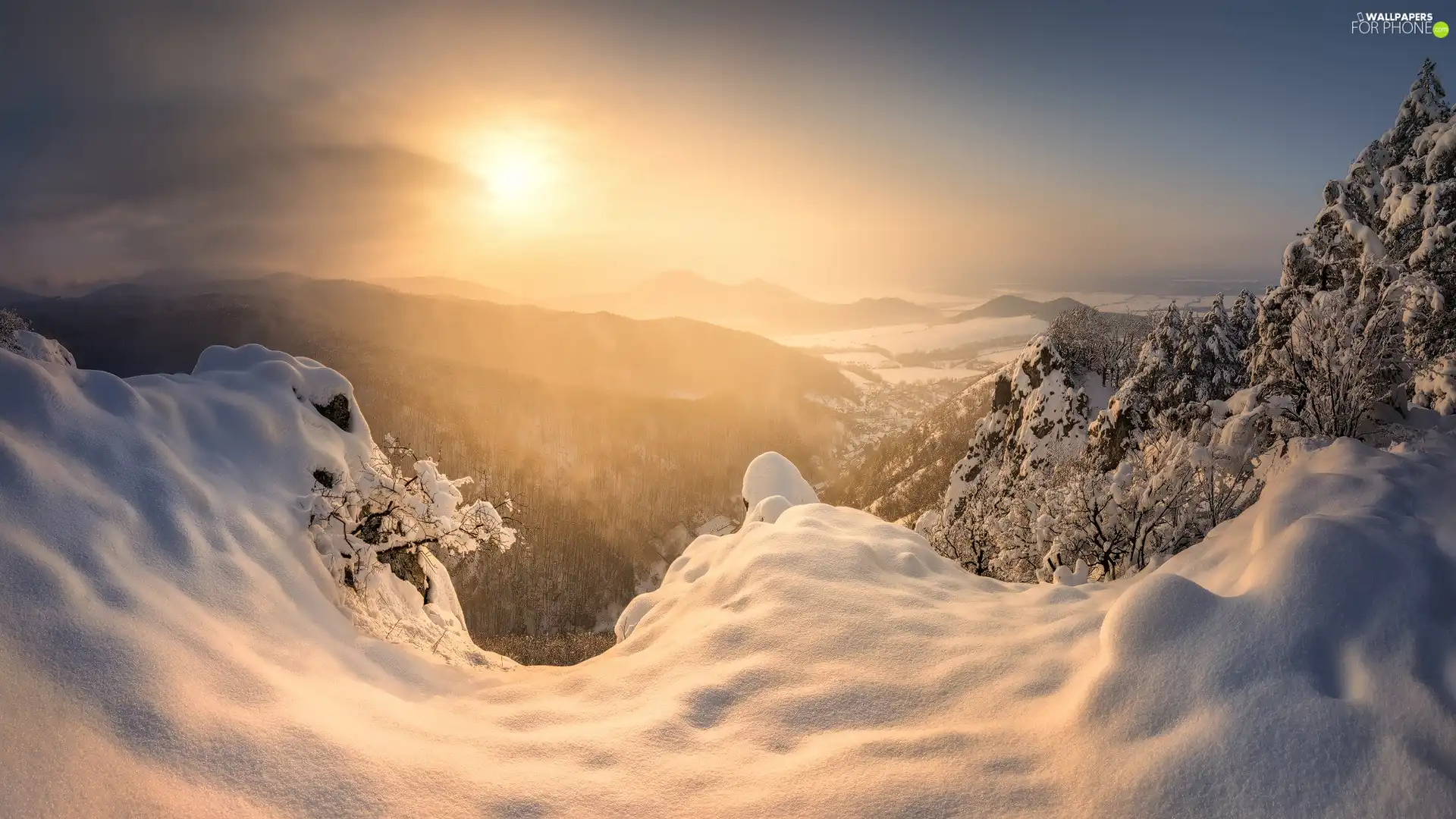Snowy, Mountains, viewes, Sunrise, trees, winter