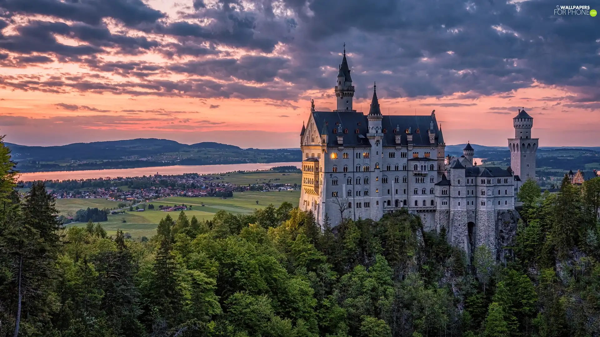 Neuschwanstein Castle, trees, clouds, viewes, Great Sunsets, Bavaria, Germany, The Hills
