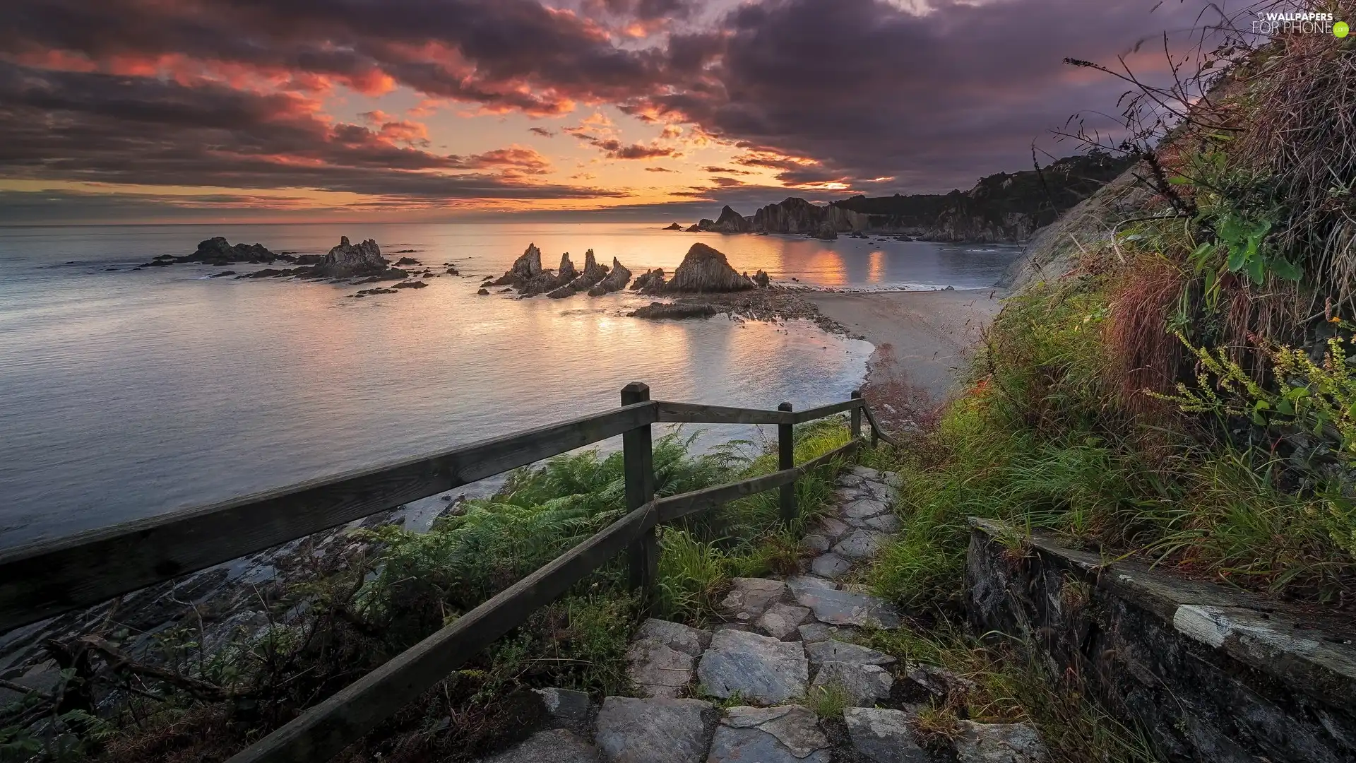 rocks, sea, Stairs, hand-rail, Stone, Great Sunsets