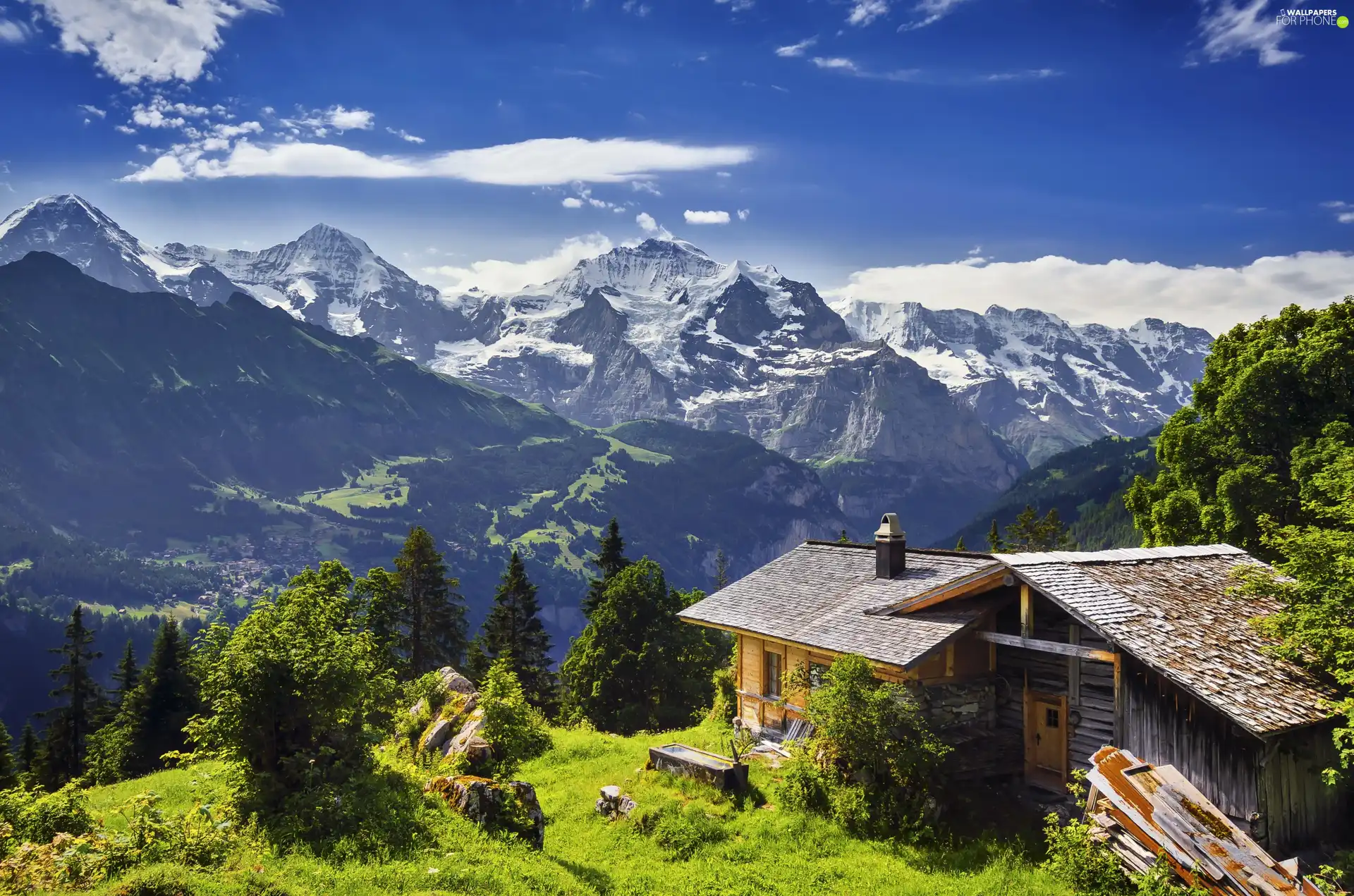 Mountains, house, Switzerland, Valley