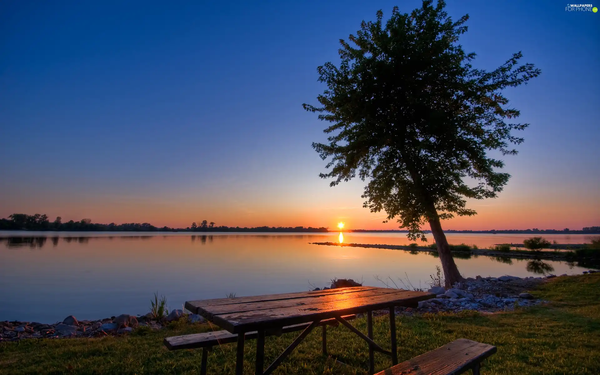 lake, west, Table, bench, trees, sun