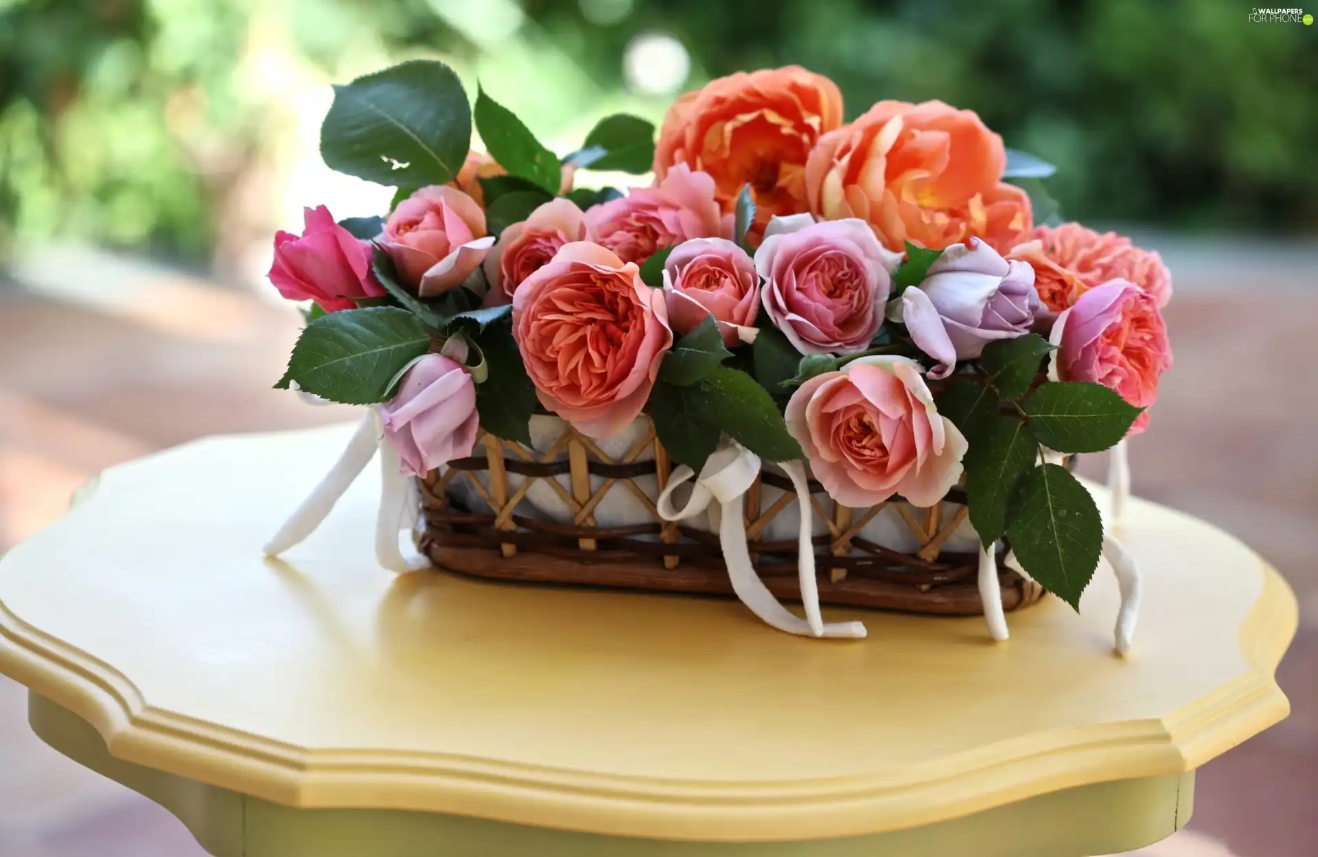 bouquet, basket, Table, flowers