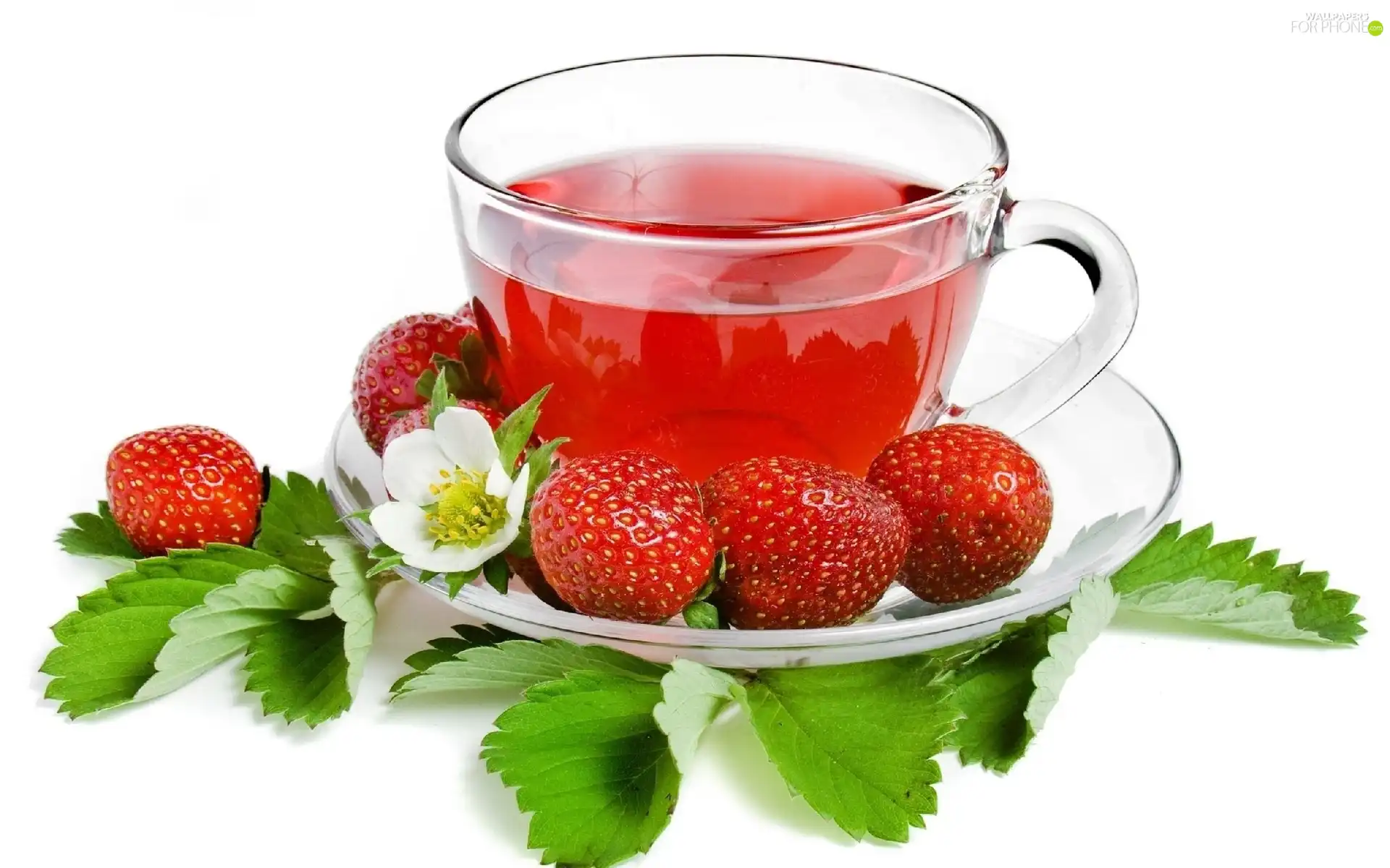 tea, strawberries, Flowers