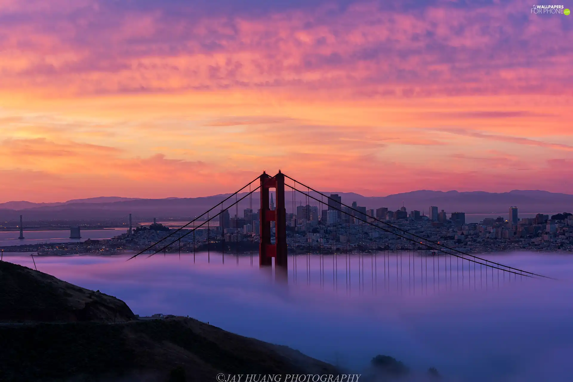 California, Golden Gate Strait, Fog, San Francisco, The Golden Gate Bridge, The United States, Sunrise