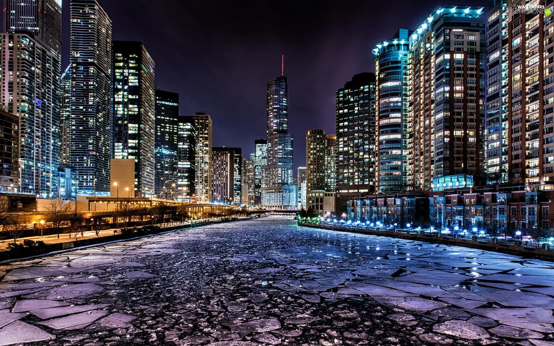 Night, River, Chicago, Town, The United States