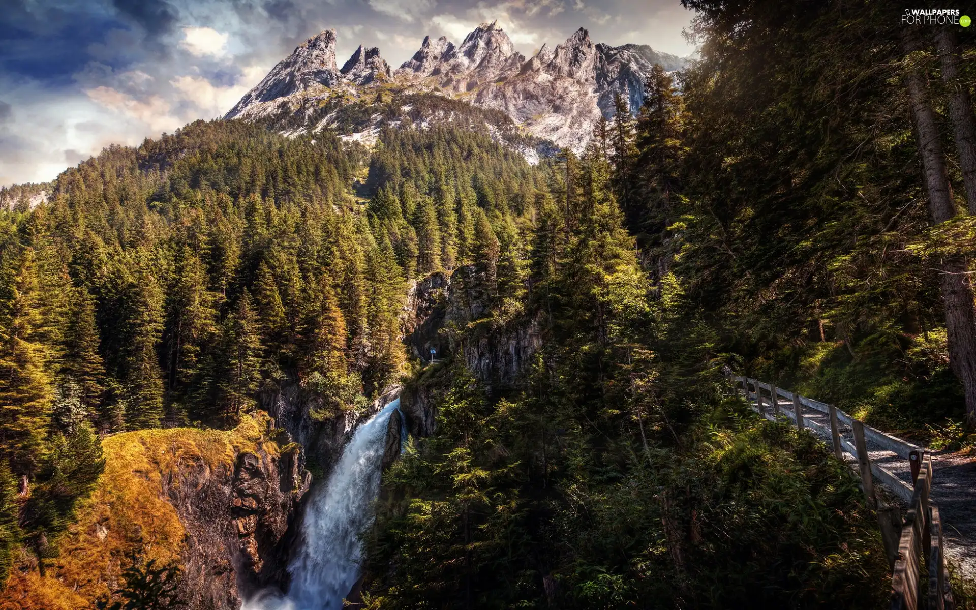 viewes, forest, waterfall, trail, Mountains, trees