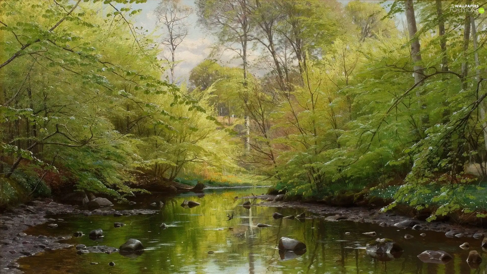 trees, picture, River, forest, Peder Mork Monsted, viewes, Stones