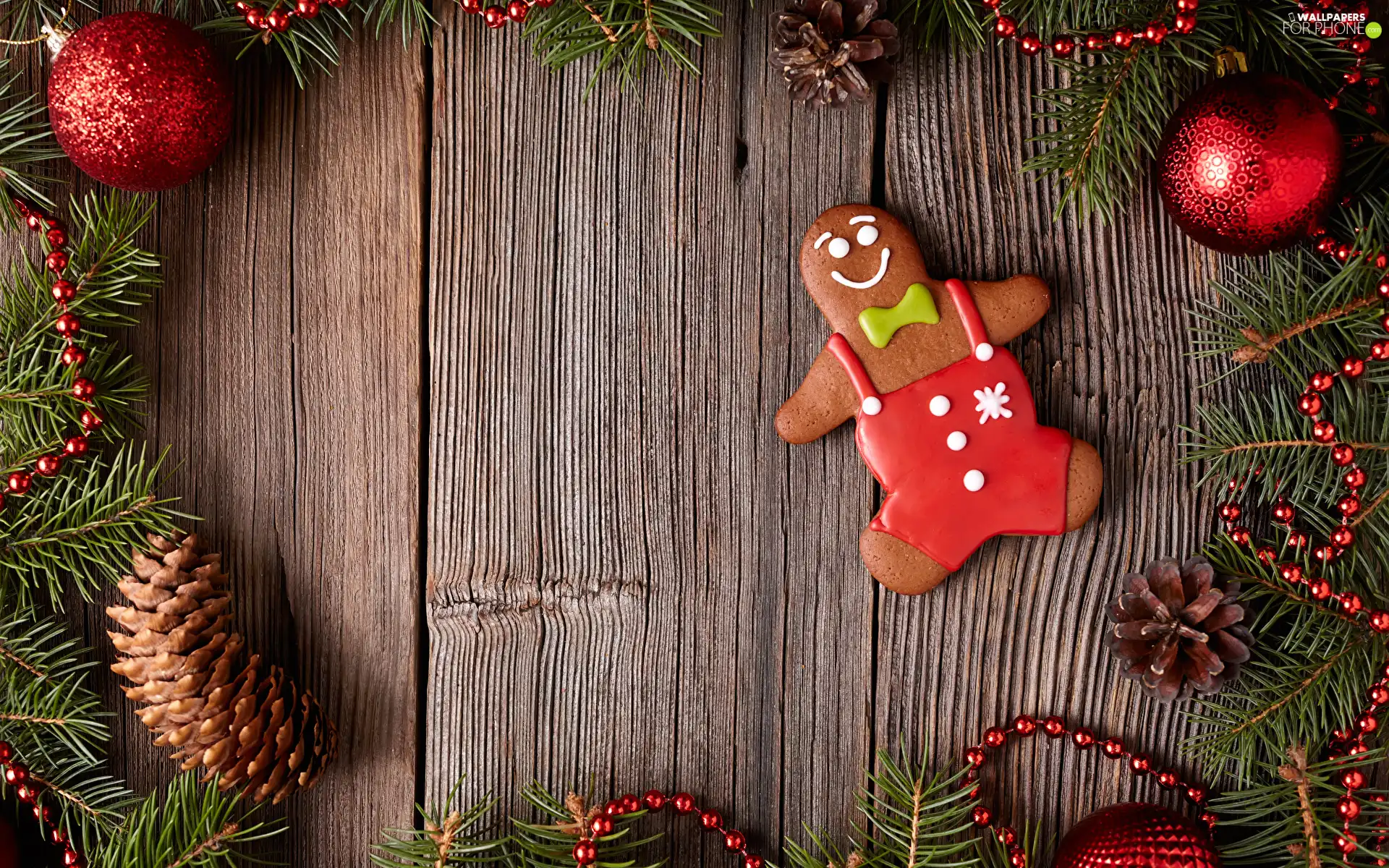 Gingerbread, Christmas, cones, Twigs, baubles, composition