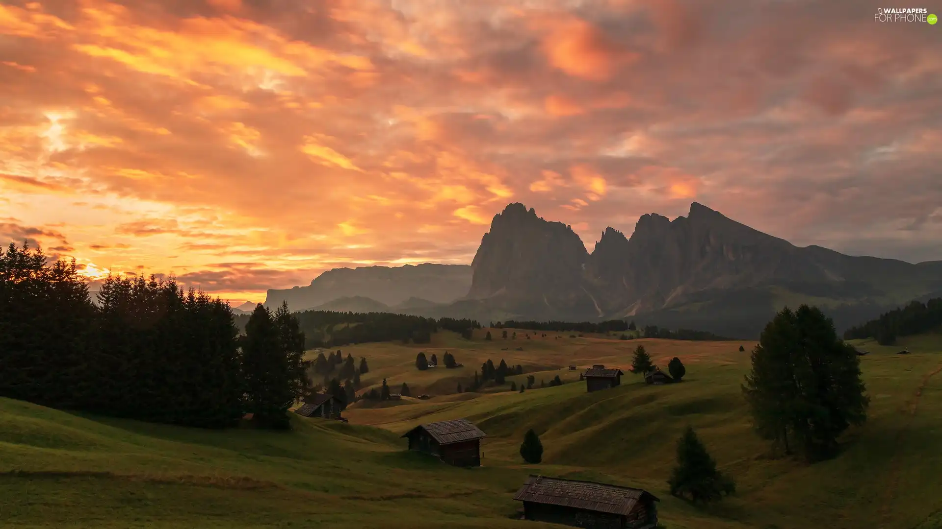 Houses, wood, Great Sunsets, Val Gardena, Valley, clouds, viewes, Mountains, Italy, trees, Seiser Alm Meadow, Dolomites
