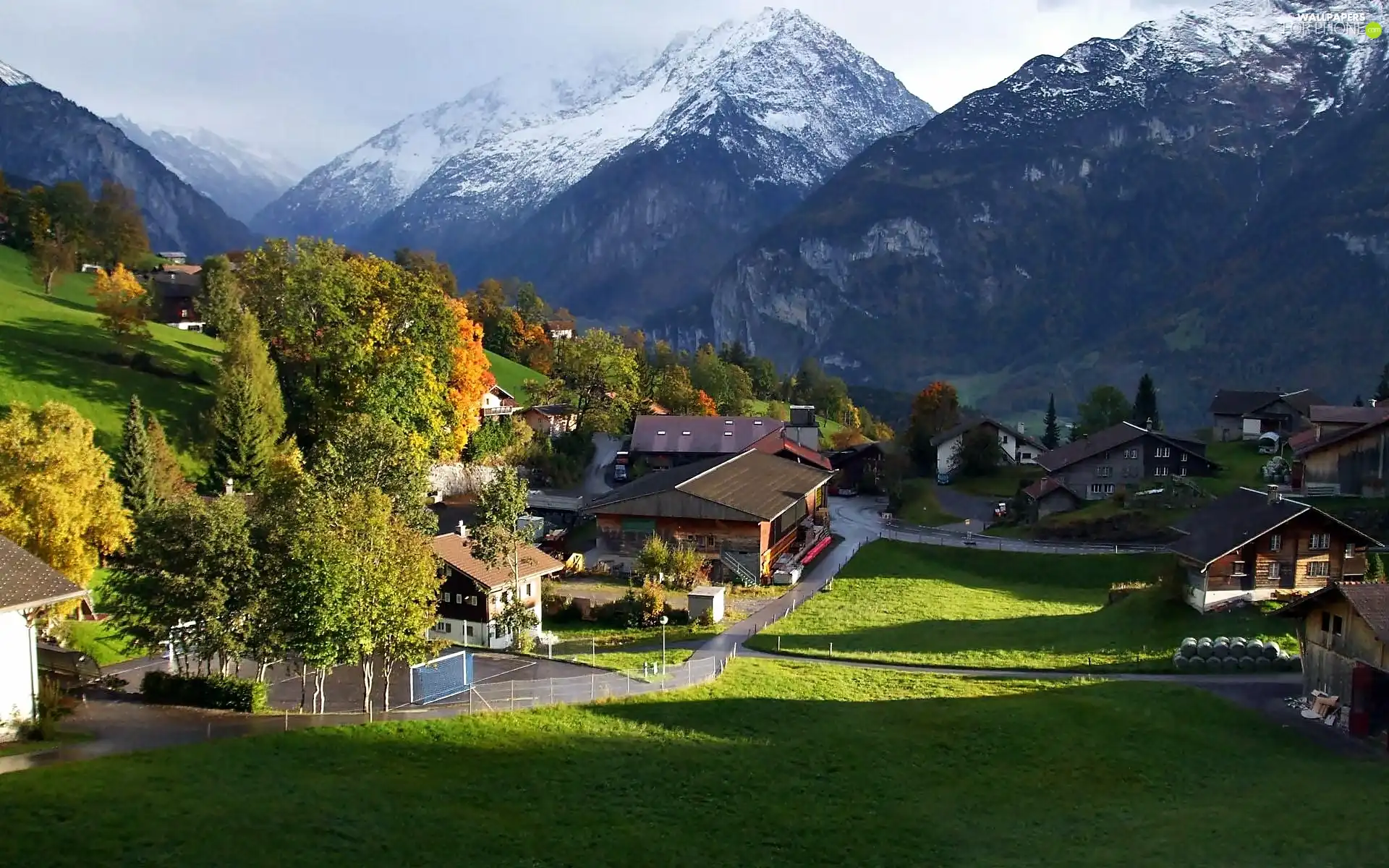 Alps, Mountains, Valley, village, luminosity, shadow, sun, flash, ligh