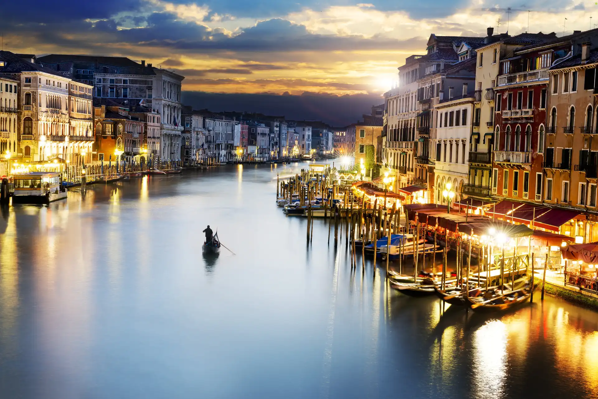 canal, boats, west, Gondolas, Houses, Venice, sun