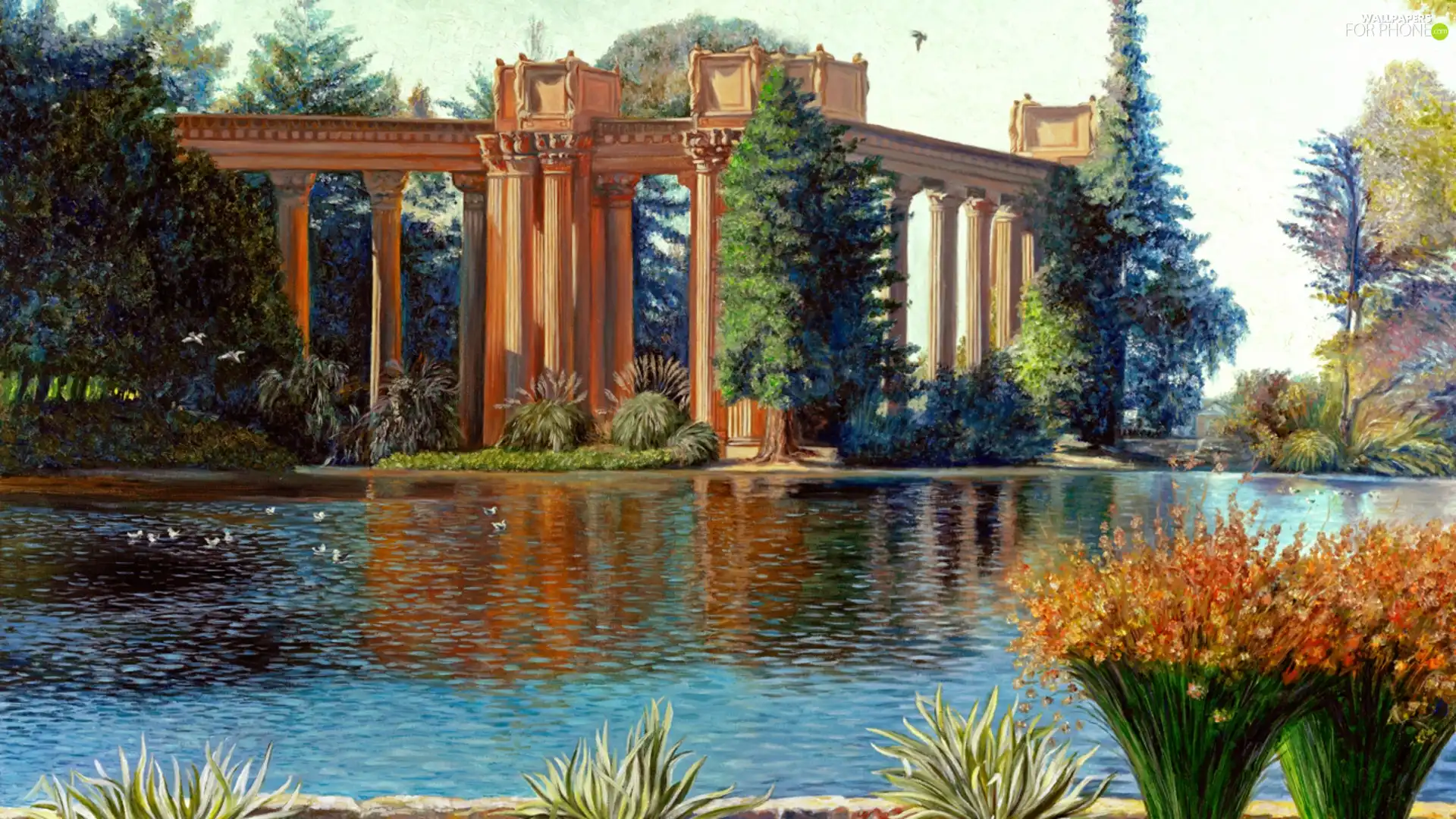 viewes, Flowers, water, trees, Column