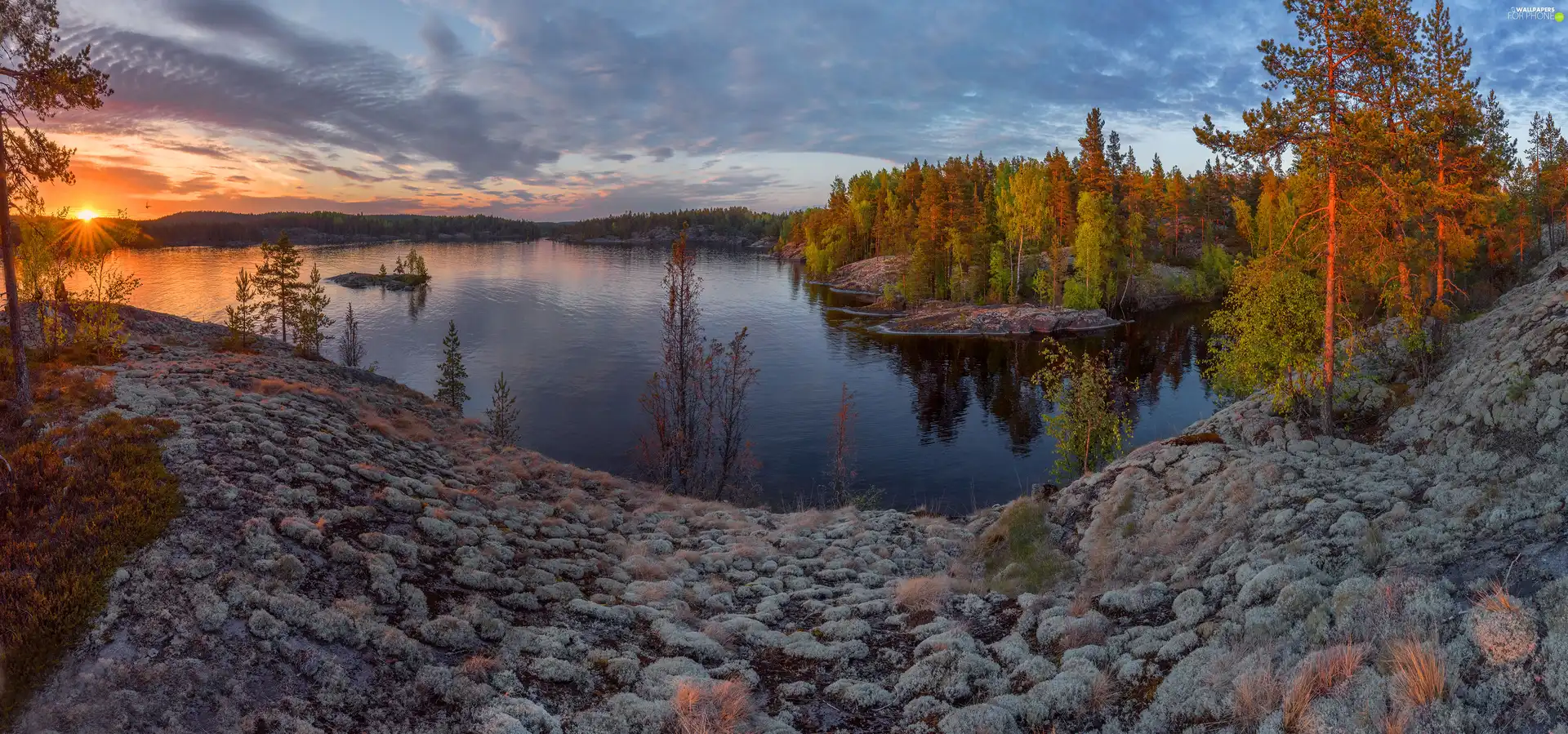 viewes, forest, Russia, Great Sunsets, Karelia, trees, Lake Ladoga, clouds