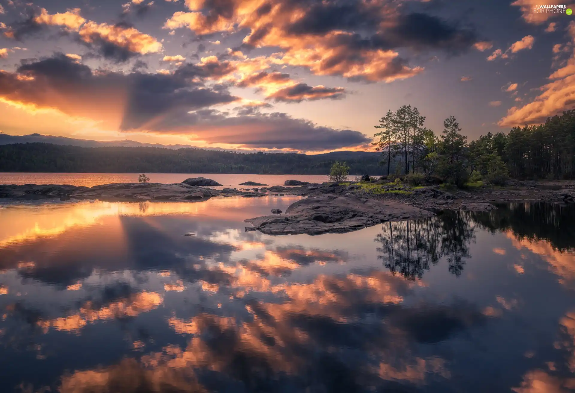 Great Sunsets, lake, viewes, rocks, trees, clouds