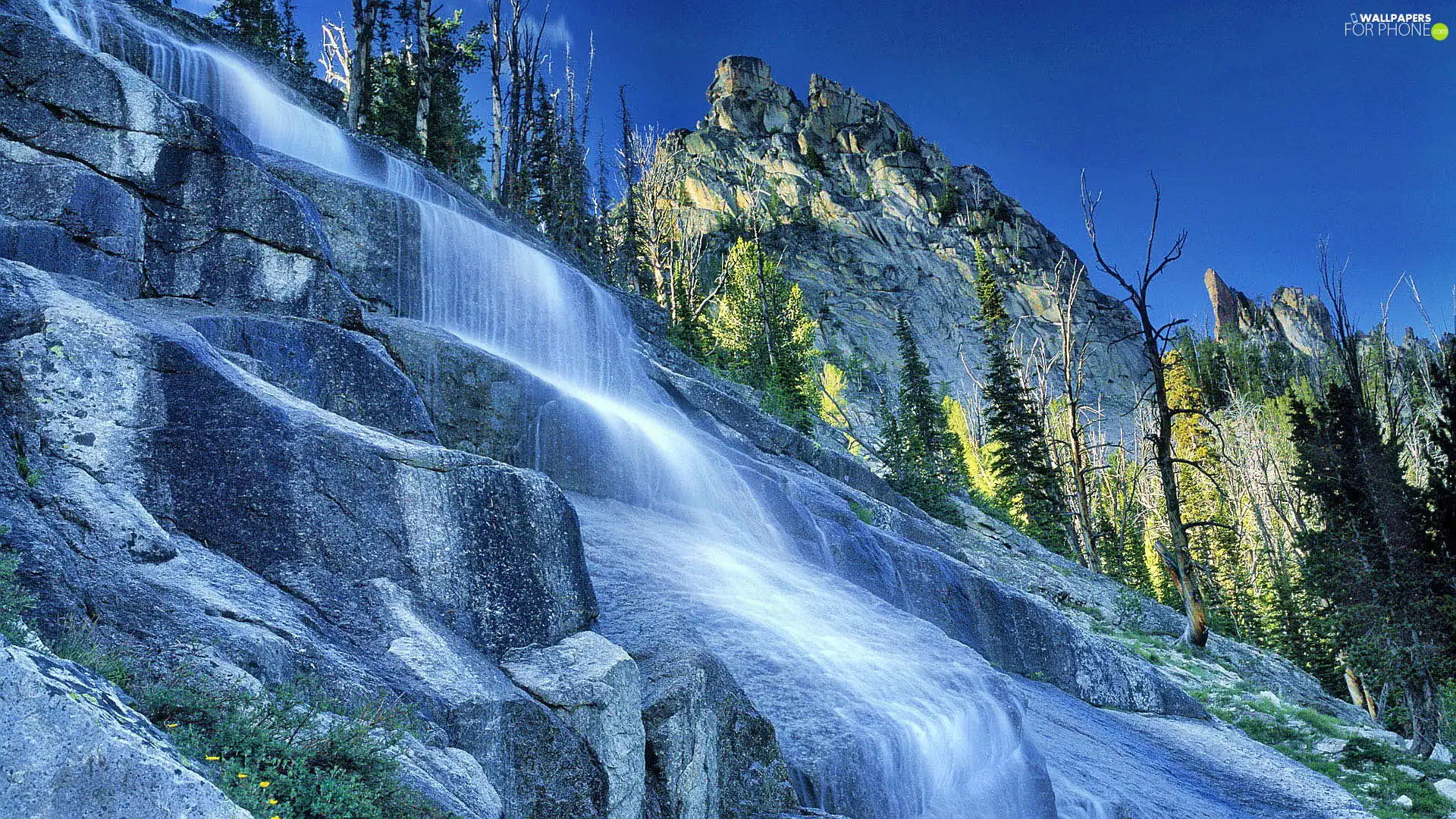 viewes, Sky, waterfall, trees, Mountains