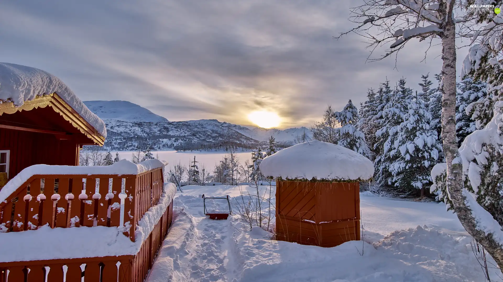 trees, Great Sunsets, house, Spruces, fence, winter, snow, Cottage, viewes, The Hills