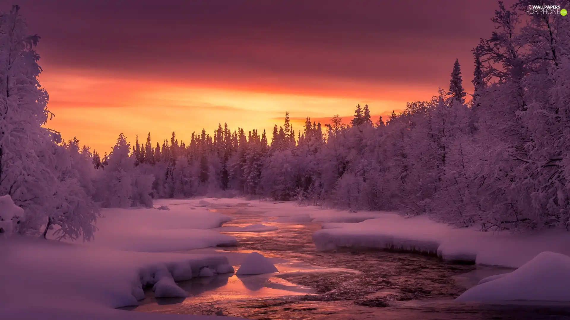 snow, winter, trees, viewes, Great Sunsets, River