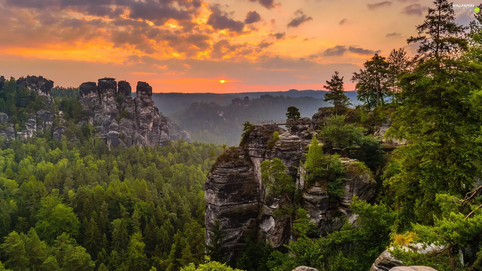 viewes, Děčínská vrchovina, Saxon Switzerland National Park, trees, rocks, Great Sunsets, Germany