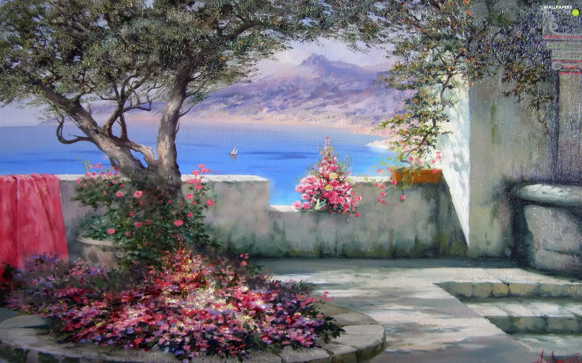 water, Aleksander Miliukov, Flowers, trees, picture