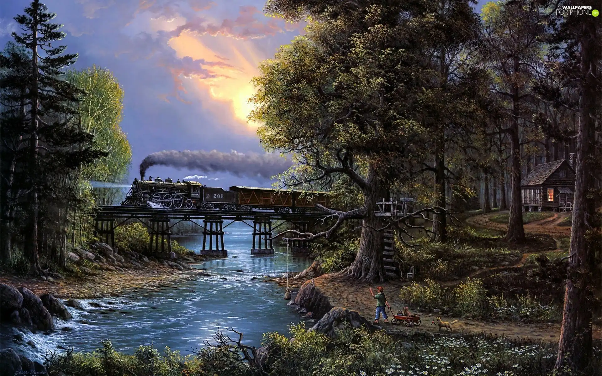 water, forest, Train, Jesse Barnes, bridge, house