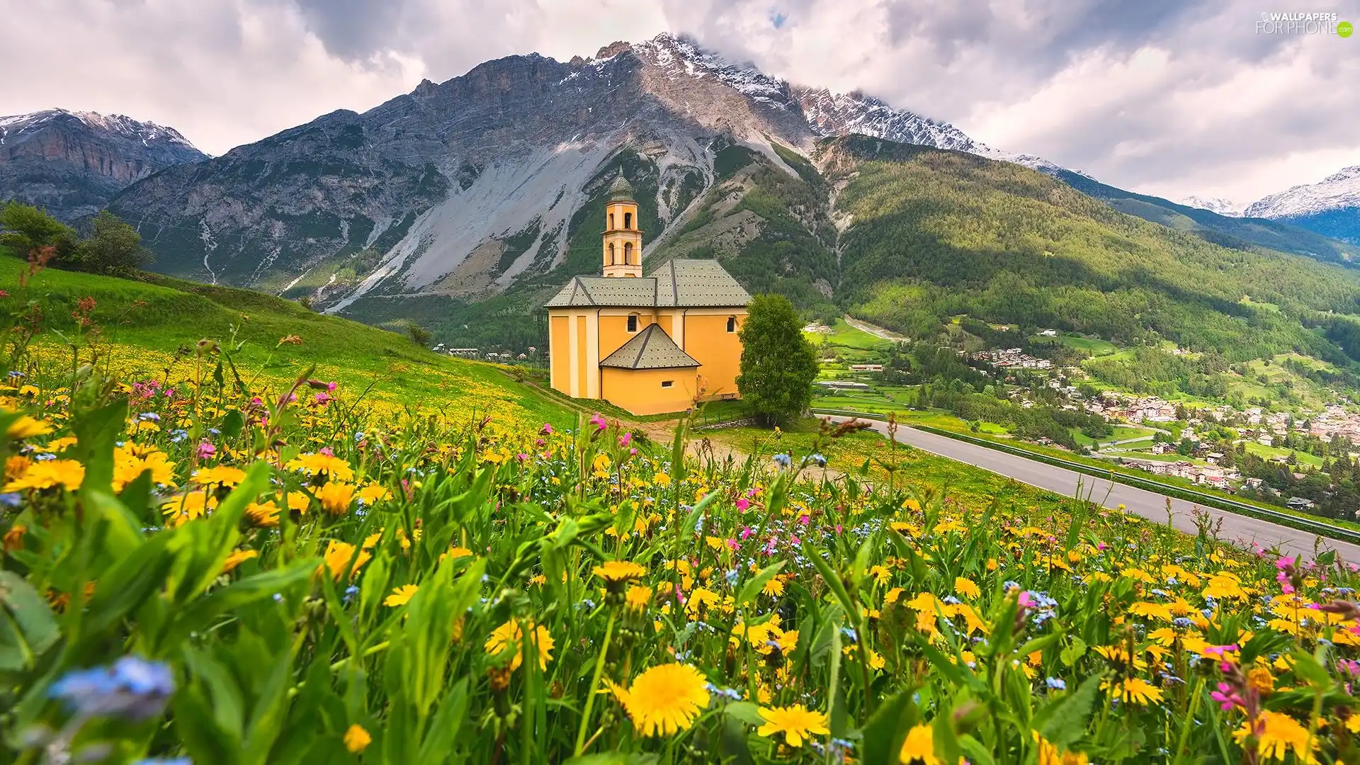 Meadow, church, Houses, Way, Mountains, Flowers, clouds