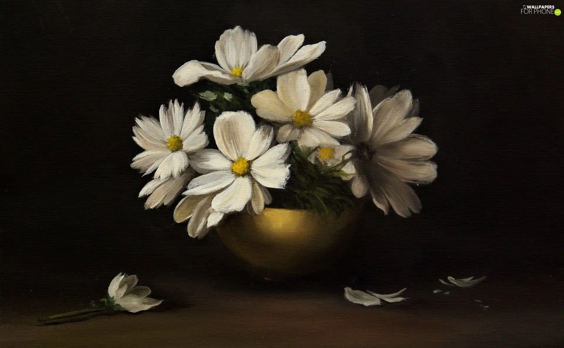 Golden automobile, bowl, White, Flowers, painting