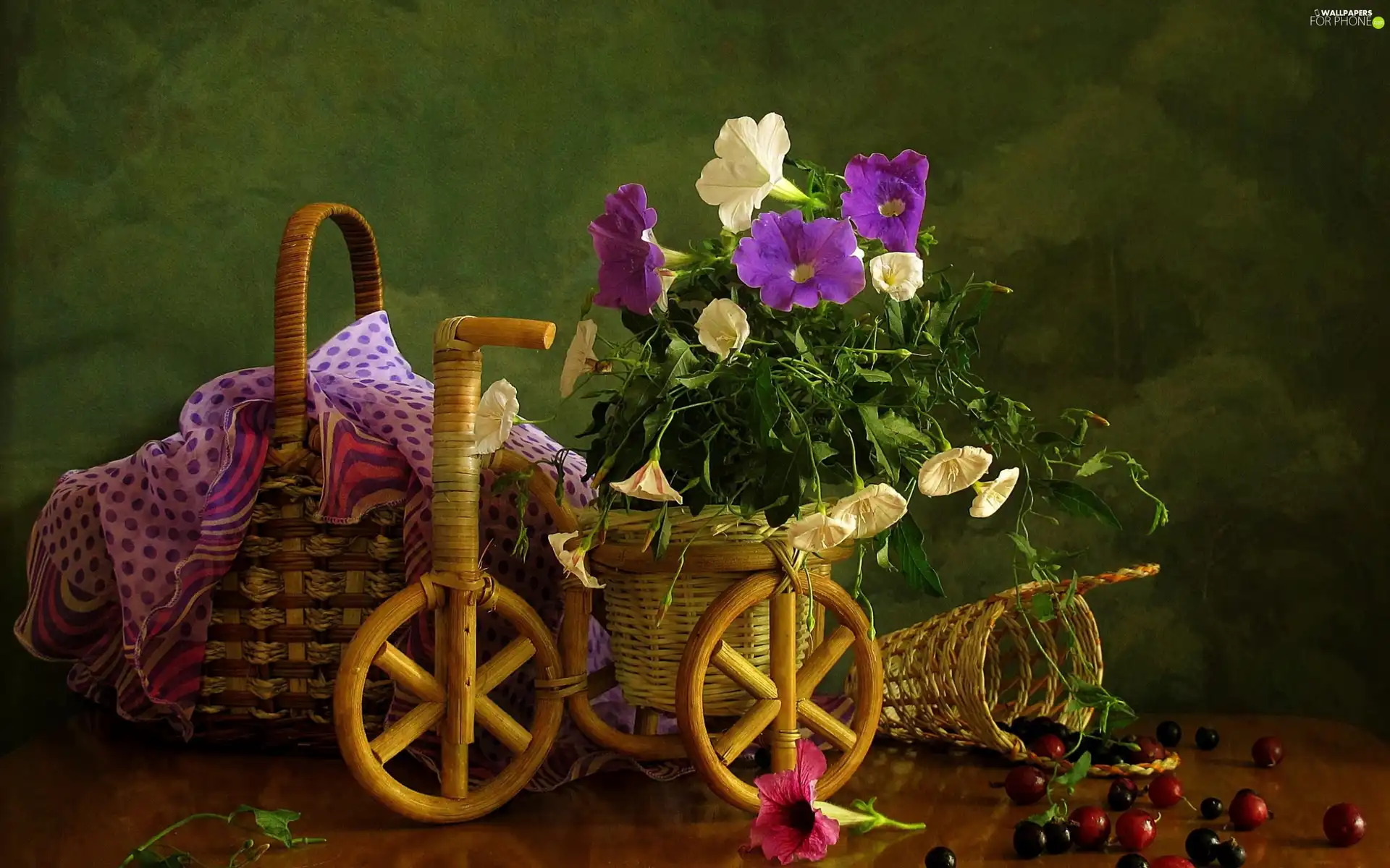 wicker, bouquet, basket, tea-towel, Bike, flowers