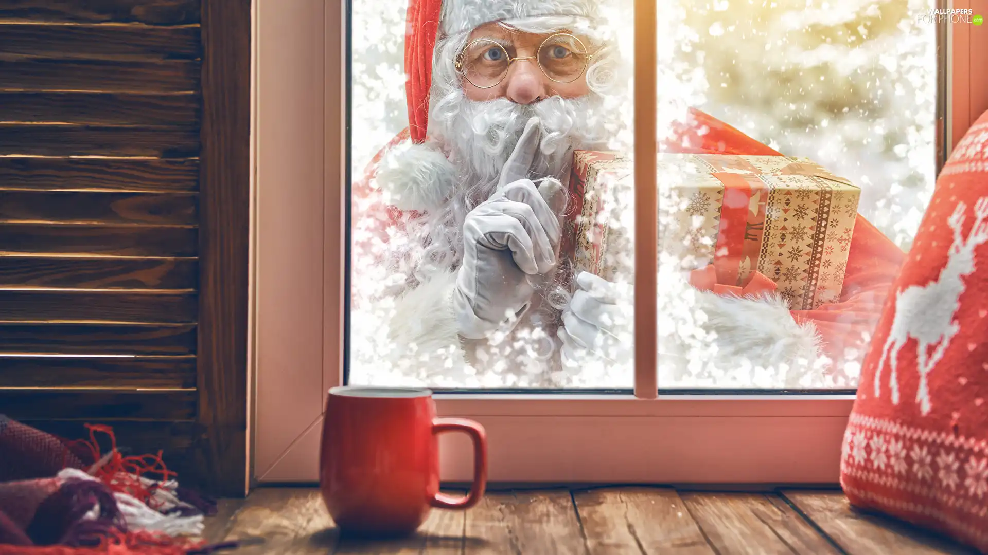 Santa, Present, Cup, Window