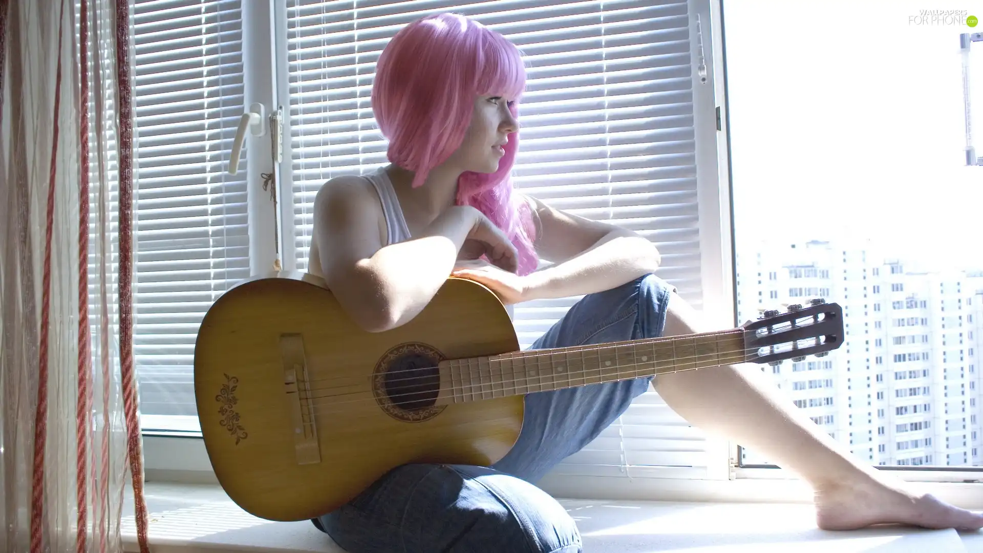 young, Guitar, Window, girl