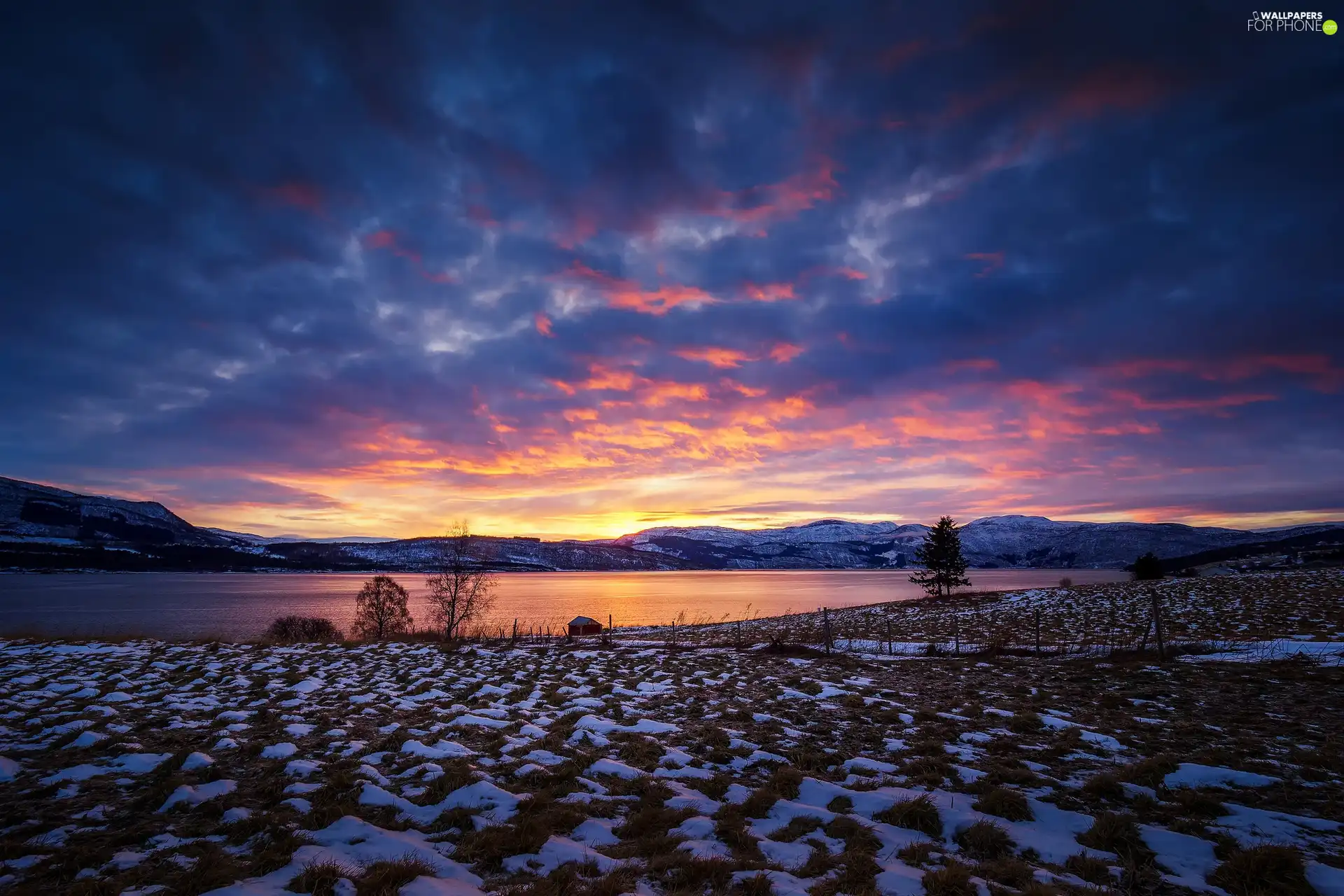 Mountains, lake, Sunrise, winter, clouds, Home