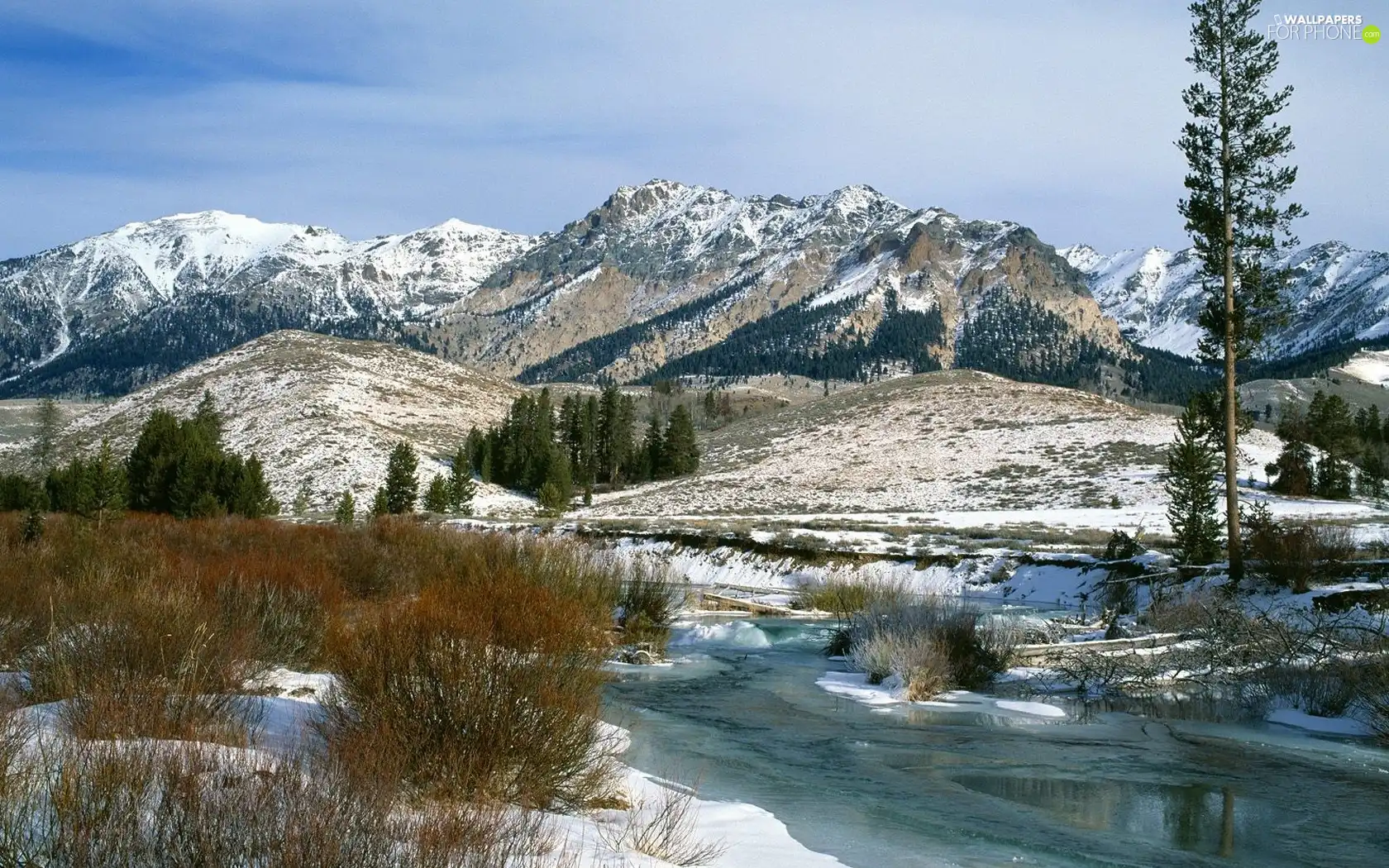 winter, Mountain, River