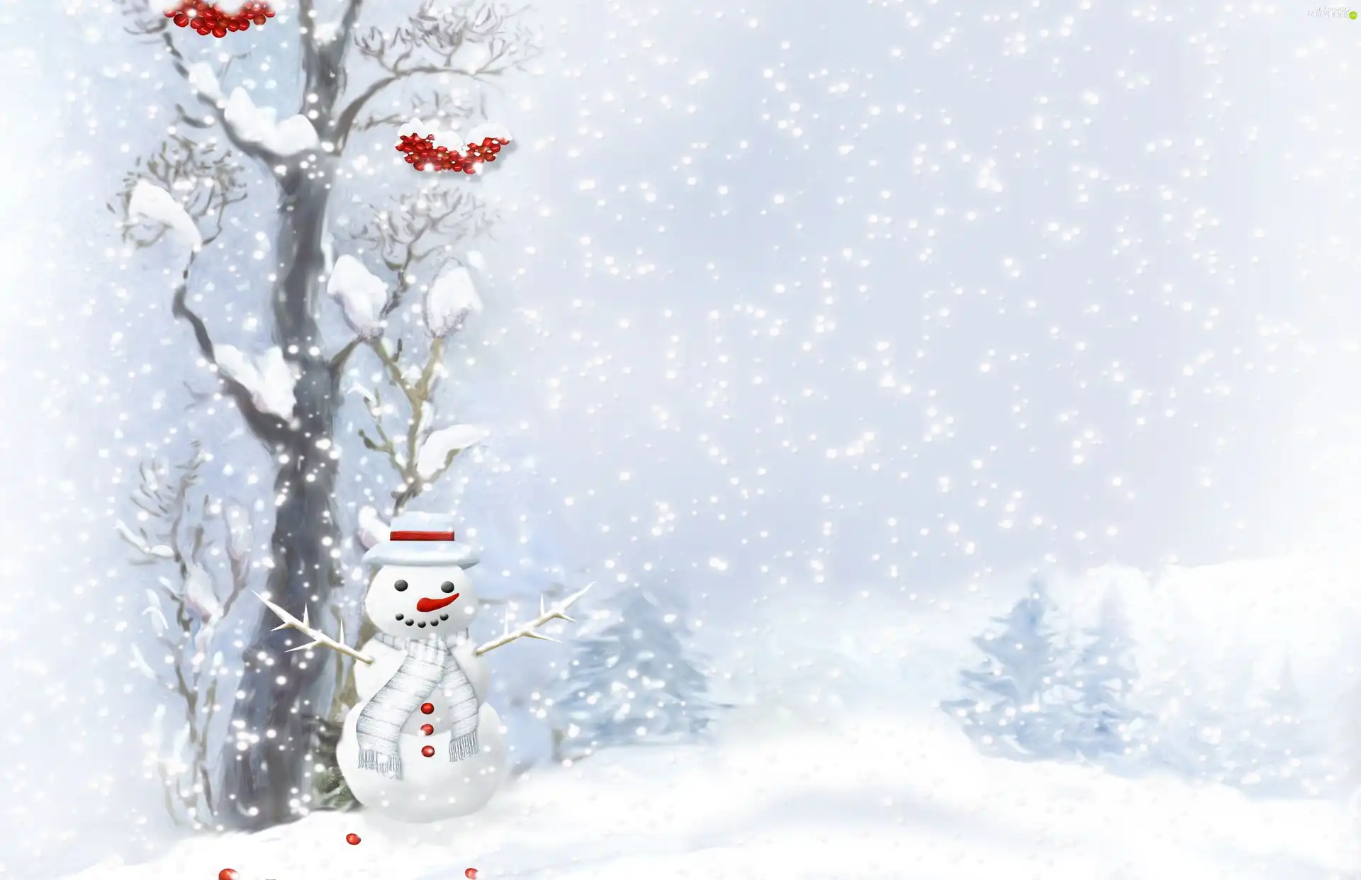 winter, Snowman, trees