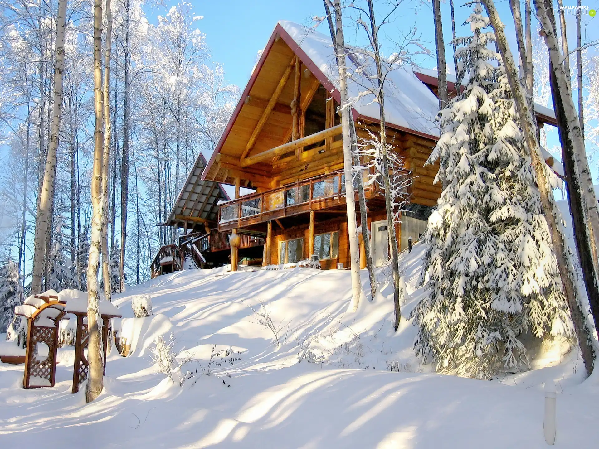 wooden, house, trees, viewes, Snowy