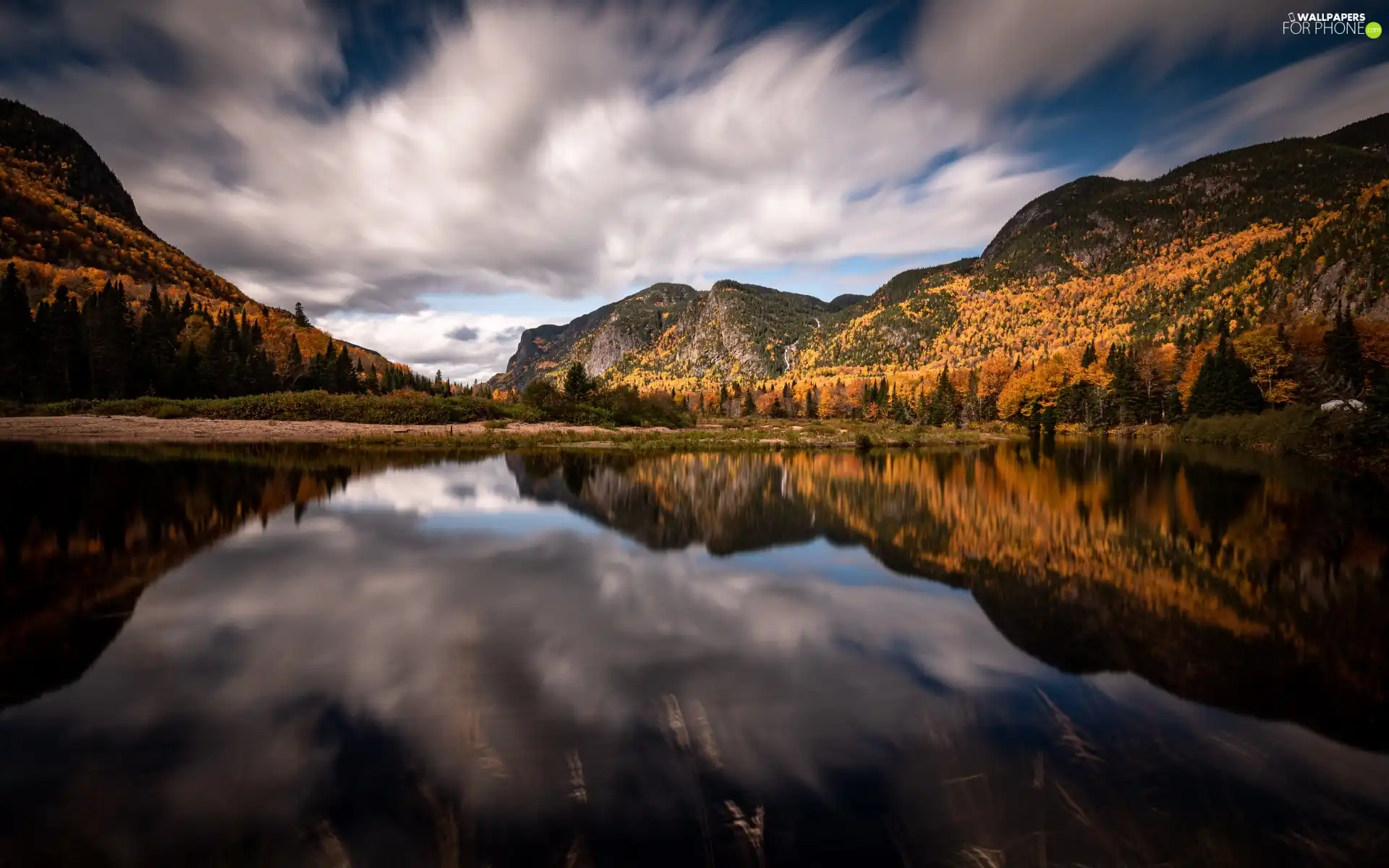 reflection, trees, autumn, viewes, clouds, Mountains, lake, woods