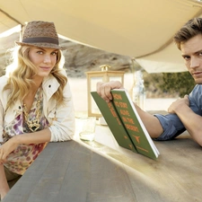 a man, Book, Hat, Necklace, Women