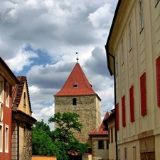 Houses, Prague, acacia, clouds, Street, Sights