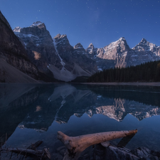 reflection, lake, Lod on the beach, Alberta, trees, Mountains, Moraine Lake, Canada, Banff National Park, viewes