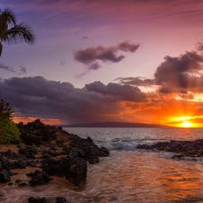 rocks, Maui Island, Great Sunsets, sea, Aloha State Hawaje, Palms, clouds