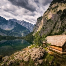 Stones, Obersee Lake, Alps Mountains, wooden, Bavaria, Germany, cote, Berchtesgaden National Park, Home