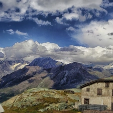 Alps, Switzerland, Mountains, clouds, house