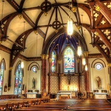 altar, vault, bench, stained glass, Church