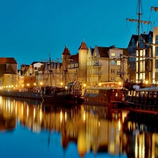 houses, Gdańsk, antique, crane, town, night, vessels, fragment, motlawa