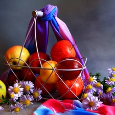 apples, daisy, basket, shawl, Metal