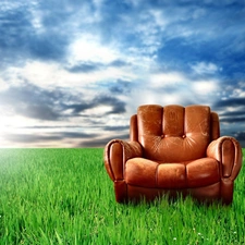 Armchair, clouds, grass