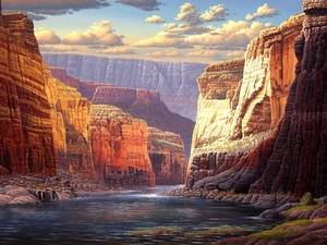 clouds, River, Art, canyons