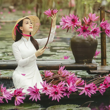 Asian, girl, Hat, dress, Water lilies, Boat, Vase, Flowers, Platform