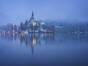 Lake Bled, Church of the Assumption of the Virgin Mary, reflection, winter, light, Blejski Otok Island, Slovenia, Fog