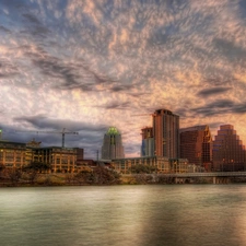 Austin, Teksas, clouds, Houses, River