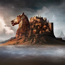 Automobile, figure, Castle, clouds, Rocks, fantasy, Horse, fantasy, Lightning, Characters